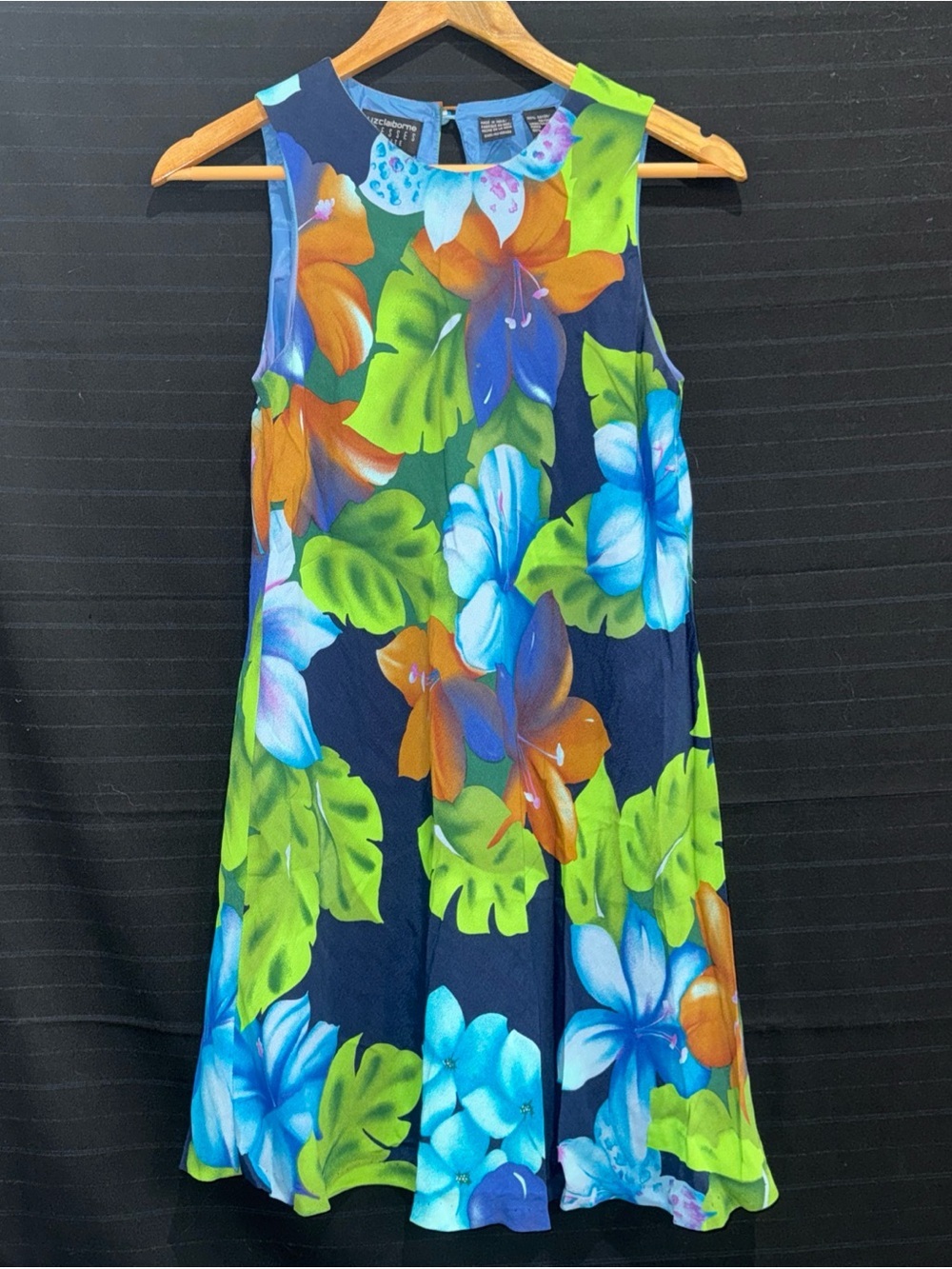Liz Claiborne Petite Blue Green Tropical Floral Sleeveless Lined Dress 4 P